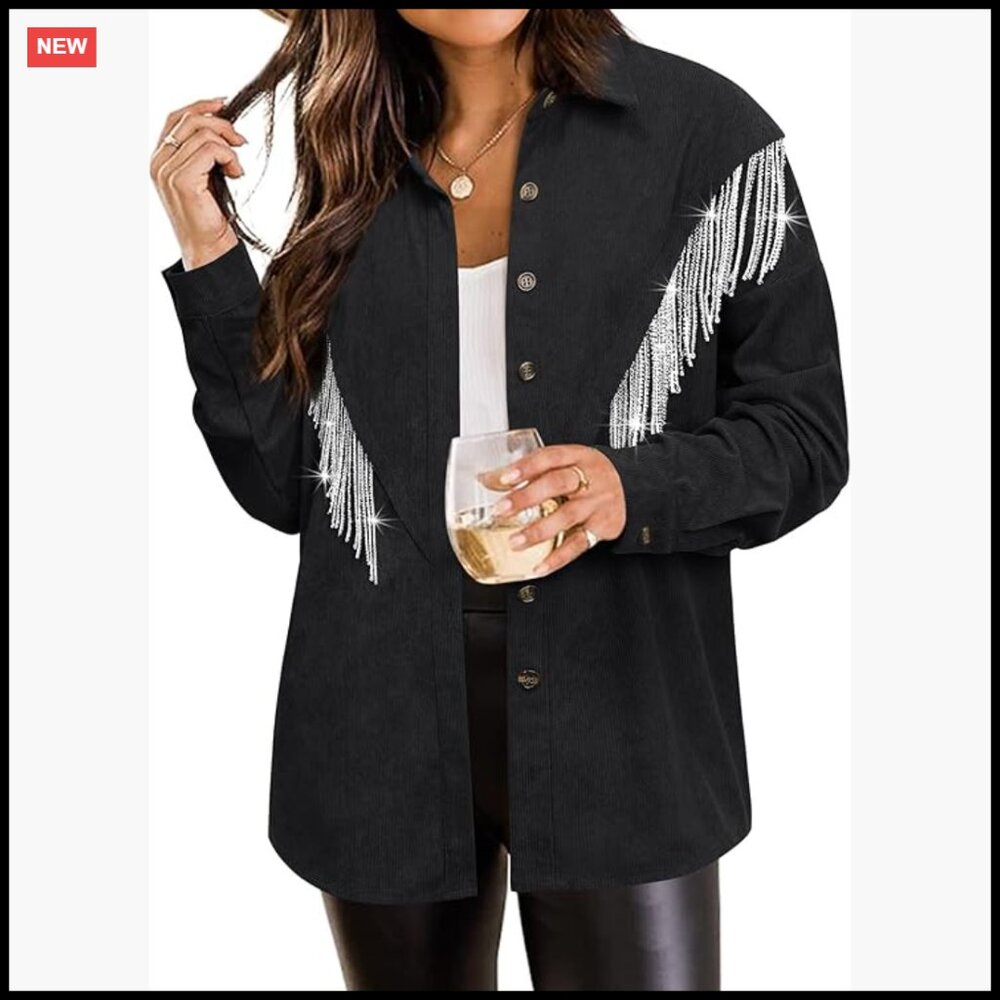 Corduroy Shacket Rhinestone Fringe Western Chic Concert Outfit Long Sleeve